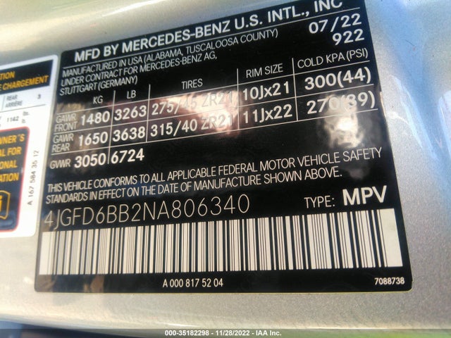 2022 Mercedes-Benz GLE-Class, VIN: 4JGFD6BB2NA806340