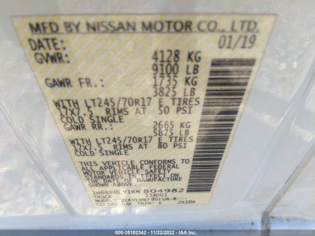 1N6BF0LY1KN804982 Nissan Nv Cargo S