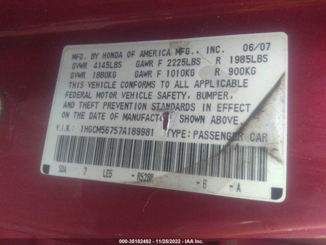 2007 HONDA ACCORD SDN EX/EX-L VIN: 1HGCM56757A189981