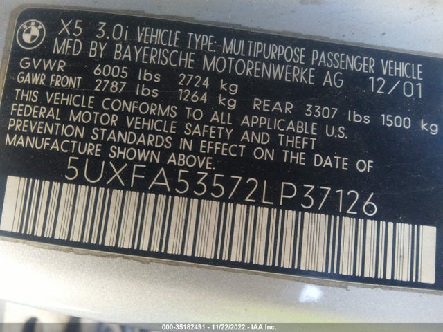 2002 BMW X5 3.0I VIN: 5UXFA53572LP37126