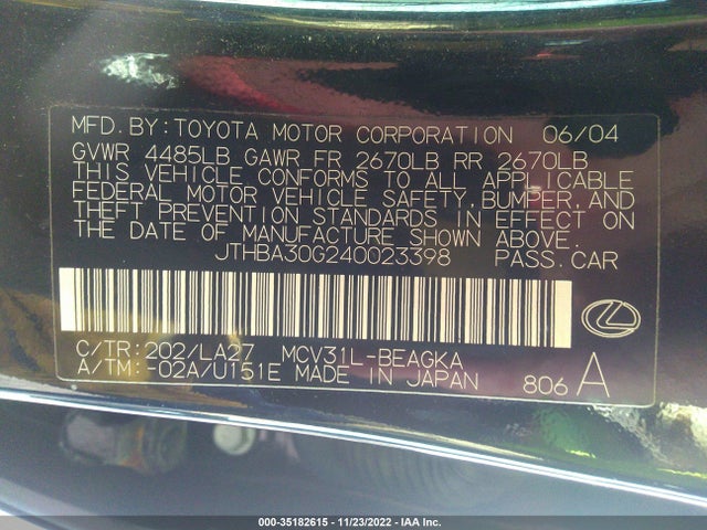 Lexus ES 330 2004 JTHBA30G240023398 Image 10