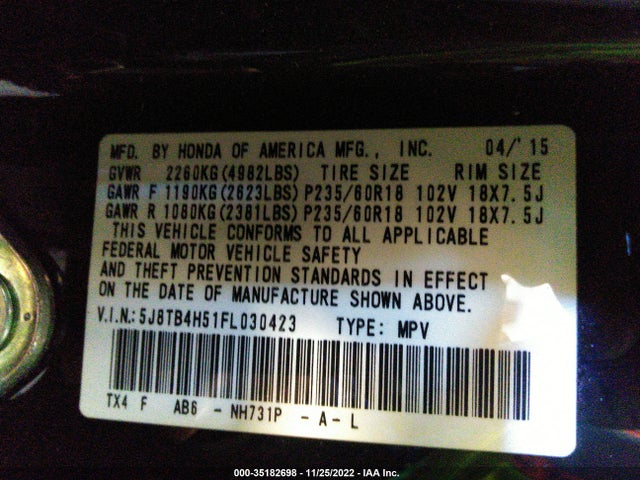2015 Acura RDX, VIN: 5J8TB4H51FL030423