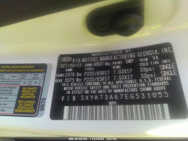 2014 KIA SORENTO LX VIN: 5XYKT3A67EG531055