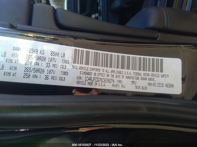 2019 JEEP GRAND CHEROKEE HIGH ALTITUDE VIN: 1C4RJFCG7KC670274