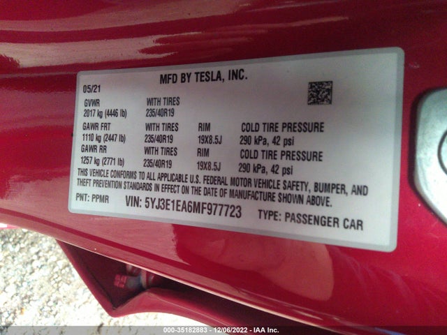 Tesla Model 3 Standard Range Plus 2021 5YJ3E1EA6MF977723 Image 9