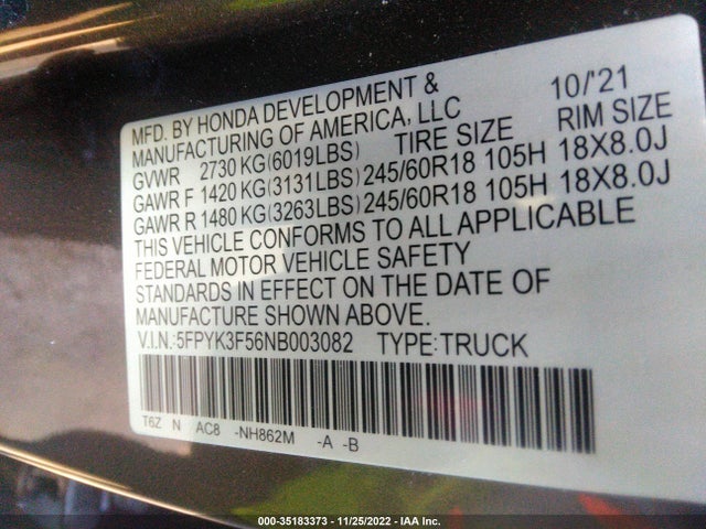 2022 Honda Ridgeline, VIN: 5FPYK3F56NB003082