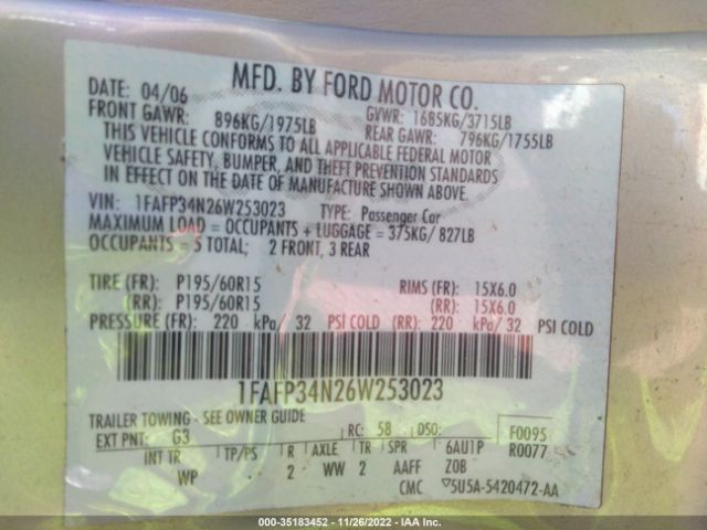 2006 FORD FOCUS S/SE/SES VIN: 1FAFP34N26W253023