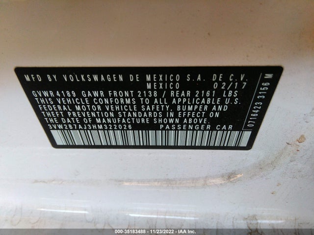 2017 Volkswagen Jetta, VIN: 3VW2B7AJ3HM322026