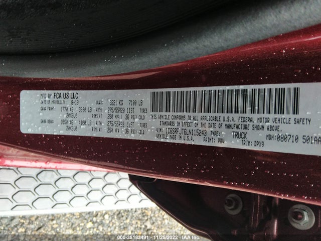 2020 RAM 1500 LARAMIE VIN: 1C6SRFJT6LN115243
