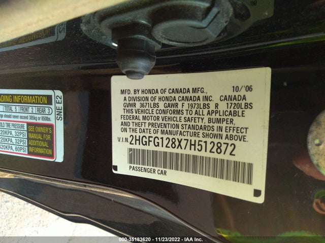 2007 HONDA CIVIC CPE EX VIN: 2HGFG128X7H512872