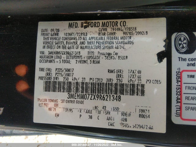 2009 MERCURY MILAN VIN: 3MEHM07ZX9R621348
