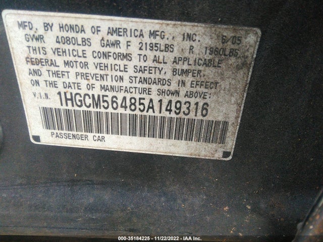 2005 HONDA ACCORD SDN LX VIN: 1HGCM56485A149316