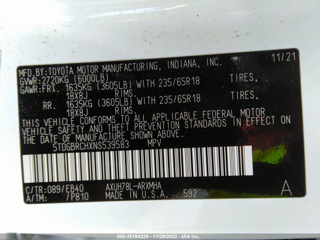 2022 Toyota Highlander, VIN: 5TDGBRCHXNS539583