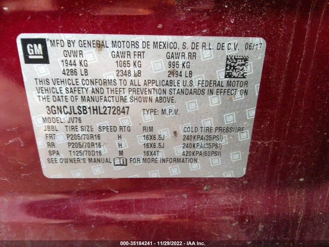 2017 Chevrolet Trax, VIN: 3GNCJLSB1HL272847