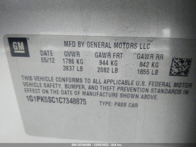 2012 CHEVROLET CRUZE ECO VIN: 1G1PK5SC1C7348875