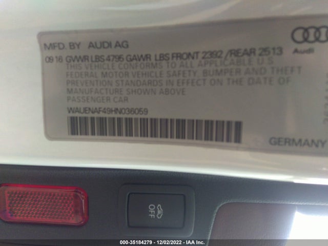 2017 AUDI A4 PREMIUM PLUS VIN: WAUENAF49HN036059