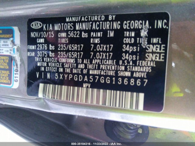 5XYPGDA57GG136867 KIA SORENTO LX