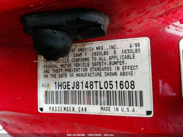 1996 HONDA CIVIC EX VIN: 1HGEJ8148TL051608