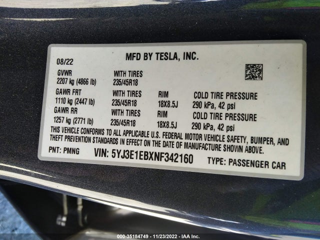 Tesla Model 3 Long Range 2022 5YJ3E1EBXNF342160 Image 10