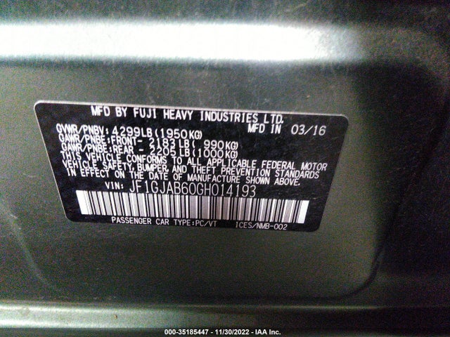2016 SUBARU IMPREZA SEDAN PREMIUM VIN: JF1GJAB60GH014193