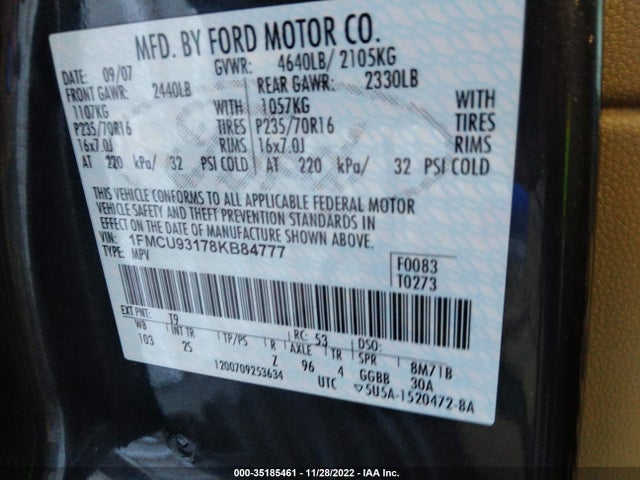 2008 FORD ESCAPE XLT VIN: 1FMCU93178KB84777