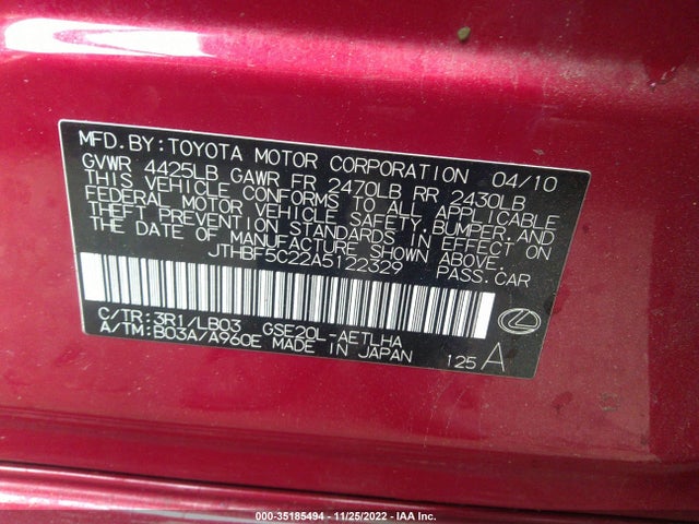 Lexus IS 250 2010 JTHBF5C22A5122329 Image 9