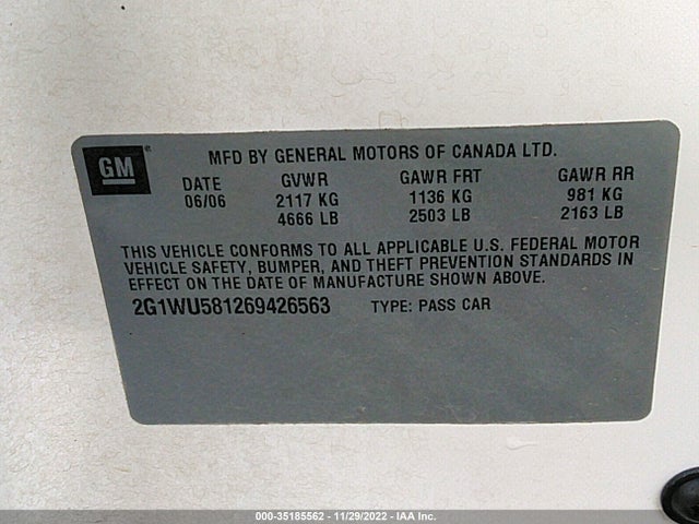 2006 CHEVROLET IMPALA LTZ VIN: 2G1WU581269426563