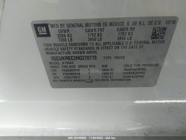 2017 CHEVROLET SILVERADO 1500 LT VIN: 3GCUKREC2HG278778