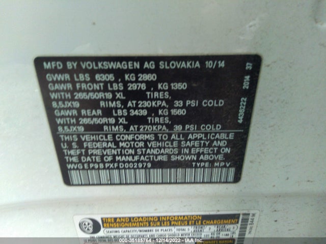 2015 Volkswagen Touareg, VIN: WVGEP9BPXFD002979