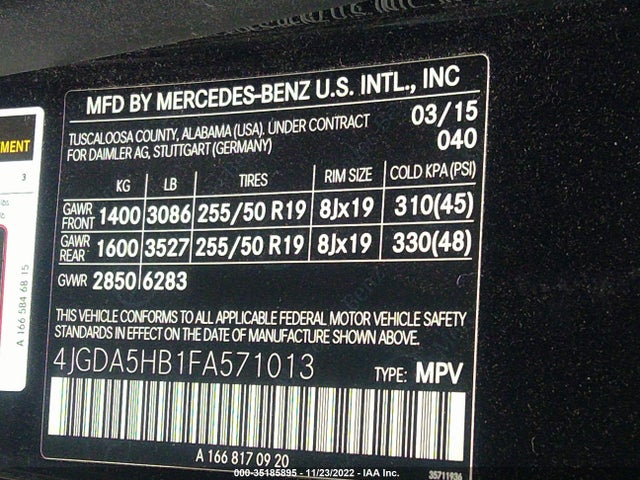 2015 Mercedes-Benz M-Class, VIN: 4JGDA5HB1FA571013
