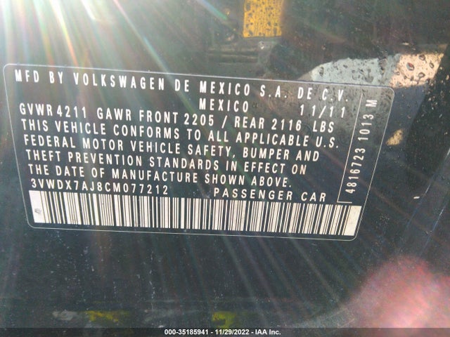 2012 VOLKSWAGEN JETTA SEDAN SE VIN: 3VWDX7AJ8CM077212