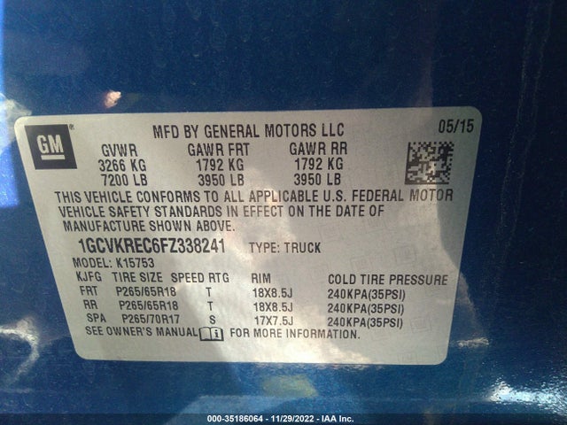 2015 CHEVROLET SILVERADO 1500 LT VIN: 1GCVKREC6FZ338241