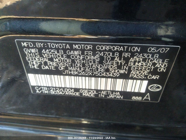 Lexus IS 250 2007 JTHBK262X75043439 Image 10