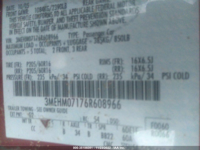 2006 MERCURY MILAN VIN: 3MEHM07176R608966