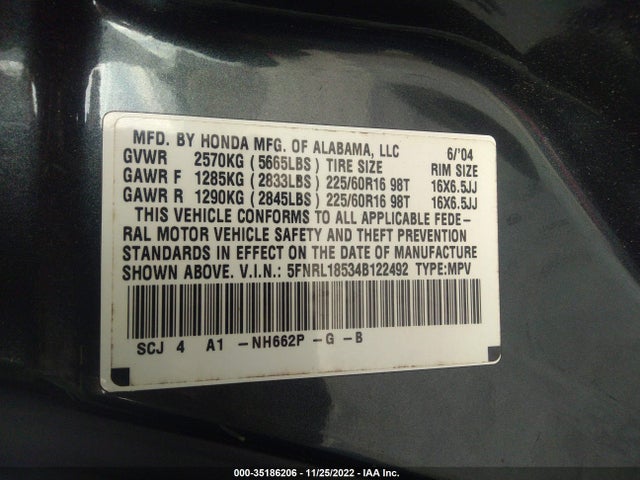 2004 HONDA ODYSSEY LX VIN: 5FNRL18534B122492