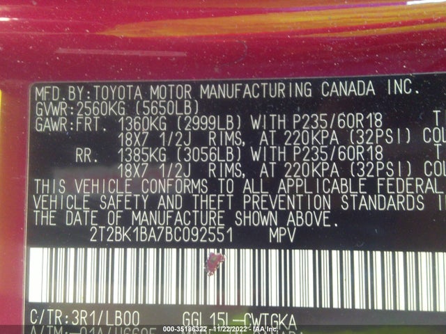 2T2BK1BA7BC092551 Lexus RX 350