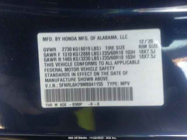 2021 Honda Odyssey, VIN: 5FNRL6H79MB041155