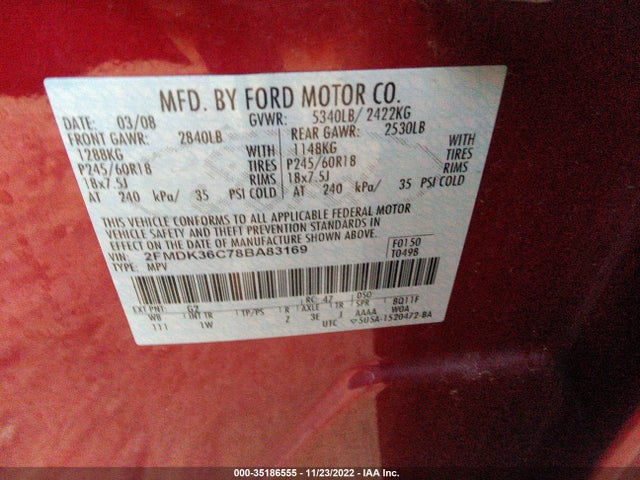 2008 FORD EDGE SE VIN: 2FMDK36C78BA83169