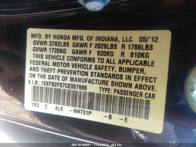 2012 HONDA CIVIC SDN EX VIN: 19XFB2F87CE067686