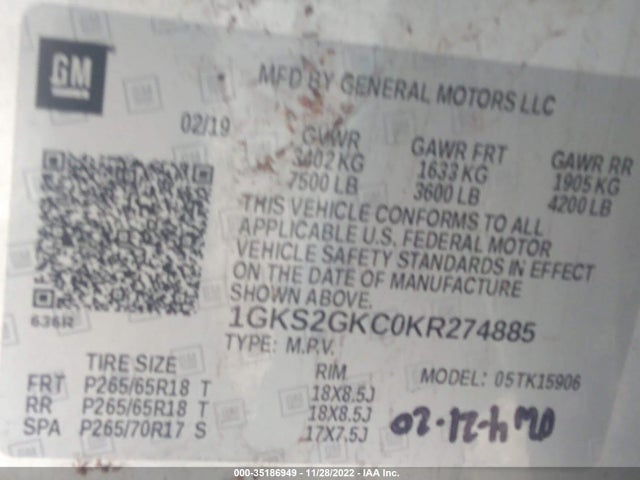 2019 GMC Yukon XL, VIN: 1GKS2GKC0KR274885
