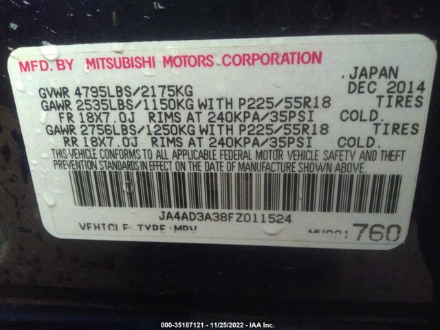 2015 Mitsubishi Outlander, VIN: JA4AD3A38FZ011524