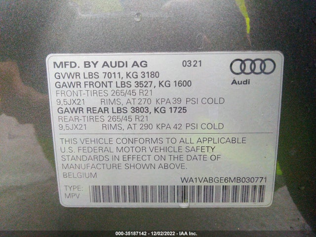 2021 Audi e-tron, VIN: WA1VABGE6MB030771