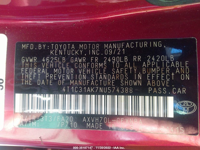 2022 Toyota Camry, VIN: 4T1C31AK7NU574388