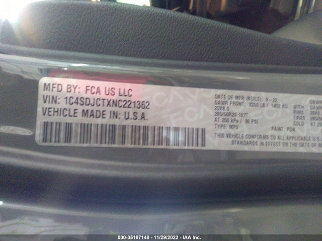 2022 Dodge Durango, VIN: 1C4SDJCTXNC221362
