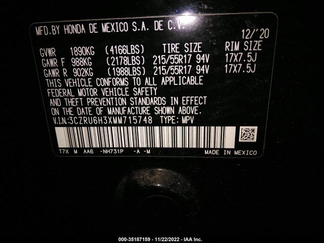 2021 Honda HR-V, VIN: 3CZRU6H3XMM715748