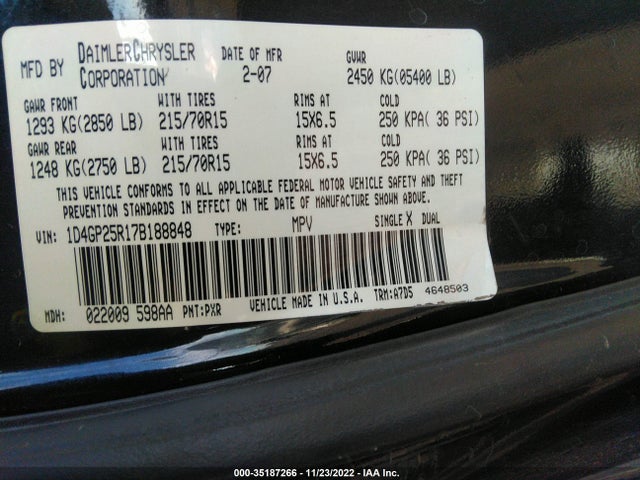 2007 DODGE CARAVAN SE VIN: 1D4GP25R17B188848