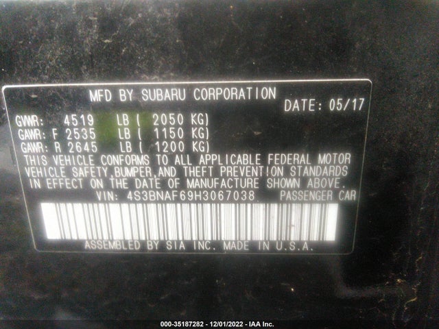 2017 Subaru Legacy, VIN: 4S3BNAF69H3067038