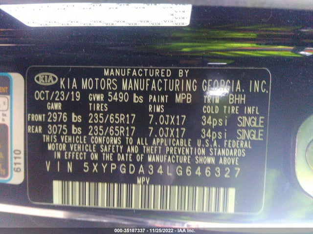 2020 Kia Sorento, VIN: 5XYPGDA34LG646327