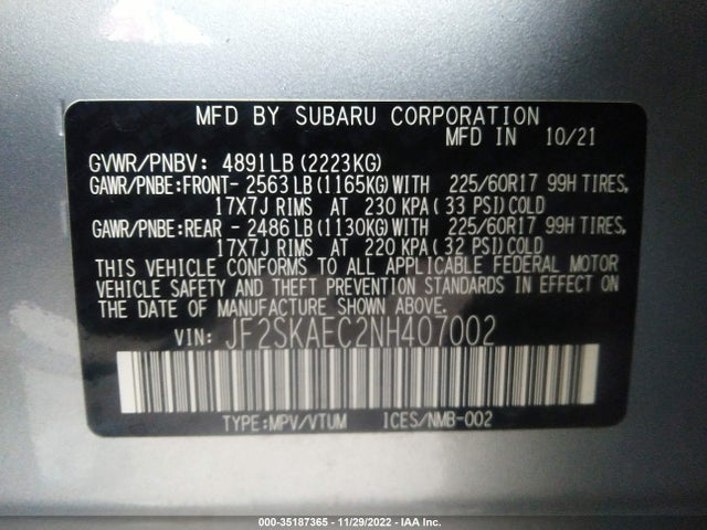 2022 Subaru Forester, VIN: JF2SKAEC2NH407002