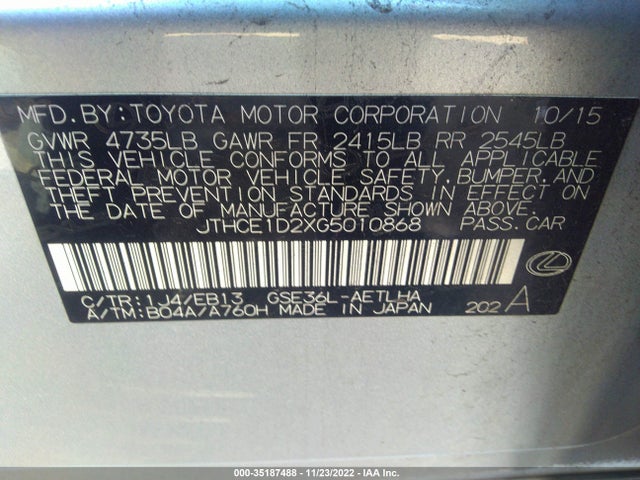 2016 Lexus IS, VIN: JTHCE1D2XG5010868